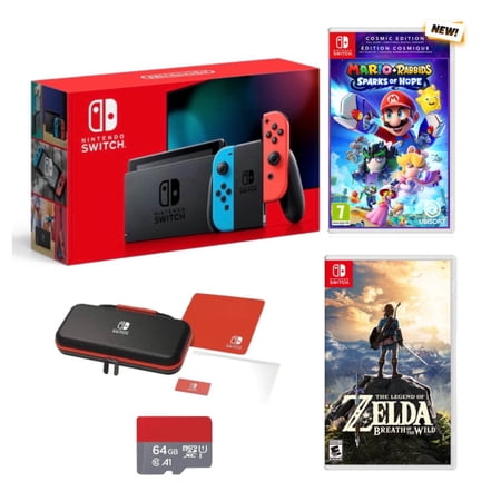 Nintendo Switch 64 GB with Mario Rabbids Sparks of Hope and Zelda Links Awakening, Neon Blue & Red