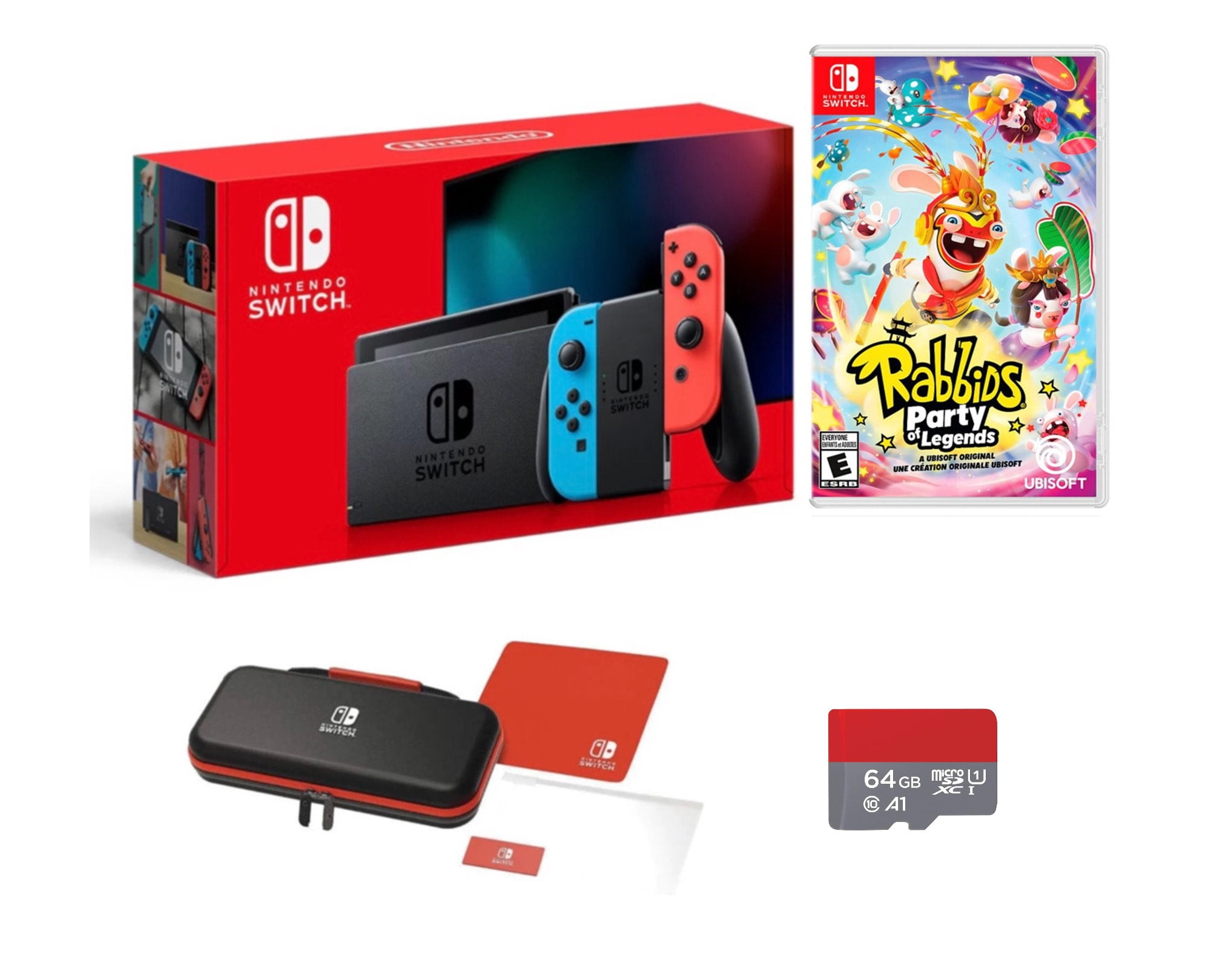 & with 64GB with Console Micro Rabbids - SD Party Switch New Bundle Neon Joy-Con Included- Nintendo Case - Legends PowerA of Blue Red