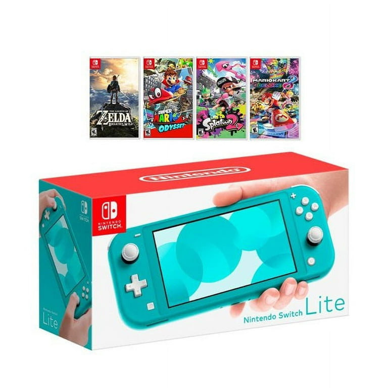 New Nintendo Switch Lite Turquoise Console Bundle with 4 Games: The Legend  of Zelda: Breath of the Wild, Super Mario Odyssey, Splatoon 2, and Super