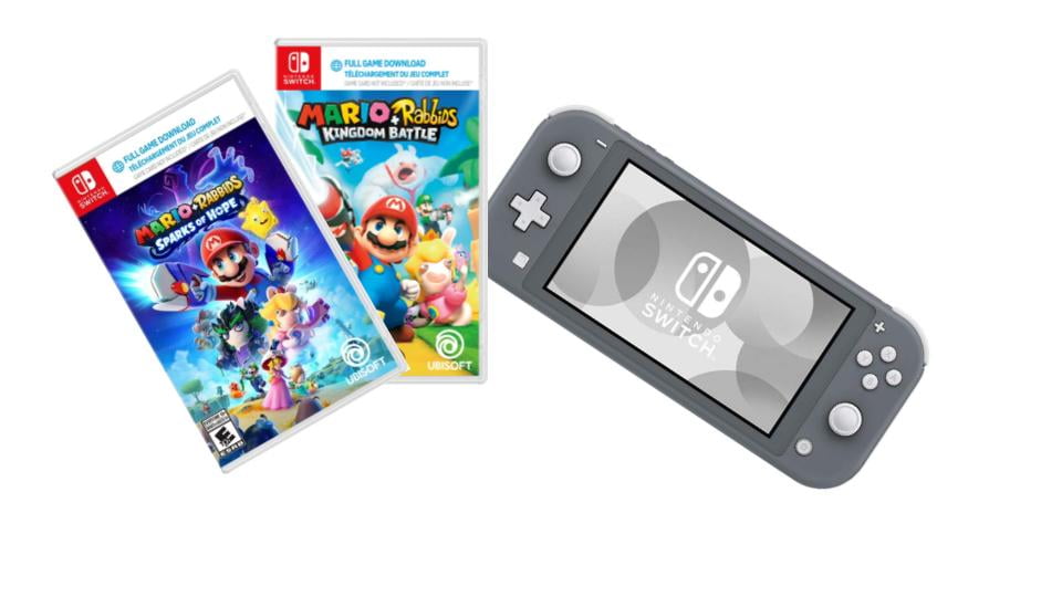 New Nintendo Switch Lite Region Free Bundle, Gray Console with Mario + Rabbids: Kingdom Battle and Mario + Rabbids: Sparks of Hope