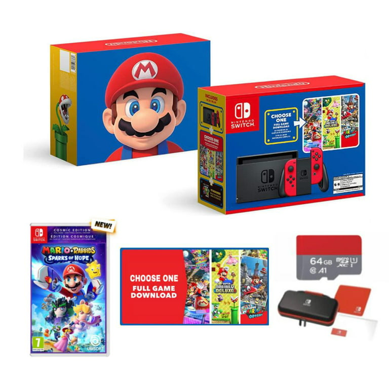 New Nintendo Switch Mario Bundle with Red Joy-Con - Bundle with Mario  Rabbids Spark of Hope & Choose One of Three Download Mario Games - 64GB  Micro SD - PowerA Case 
