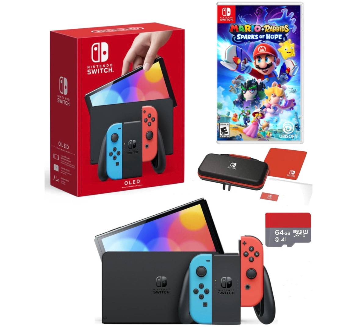 New Nintendo Switch Neon Red & Blue Joy-Con - Mario Console Bundle - Mario  Kart 8 Deluxe + Mario Rabbids Sparks of Hope + Luigi's Mansion 3 + 64GB