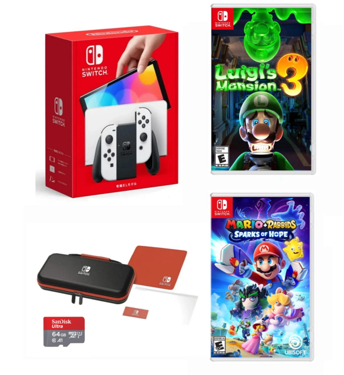 New Nintendo Switch OLED Model White Joy Con 64GB Console HD Screen Bundle with Luigi s Mansion 3 Mario Rabbids Spark of Hope Switch Carrying