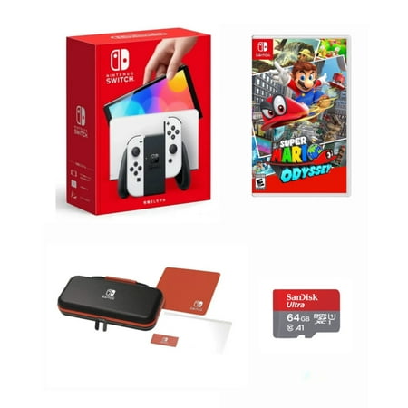 New Nintendo Switch OLED Model White Joy-Con - 64GB Console HD Screen - Bundle with Super Mario: Odyssey + Switch Carrying Case and Screen protector + 64gb MicroSD card