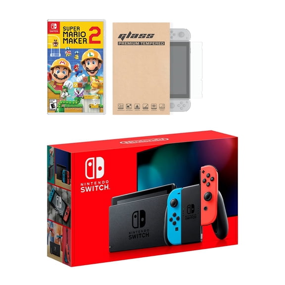 New Nintendo Switch Red/Blue Joy-Con Improved Battery Life Console Bundle with Super Mario Maker 2 NS Game Disc and Mytrix NS Tempered Glass Screen Protector - 2019 New Game!