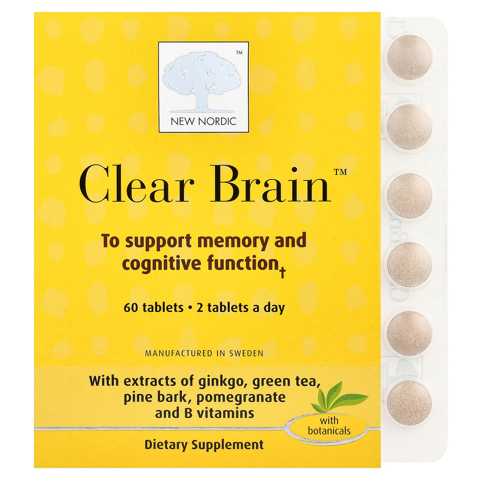 New Nordic Clear Brain Tablets | Supports Normal Cognitive Health and Memory | with Green Tea and Walnut | Swedish Made | 60 Count