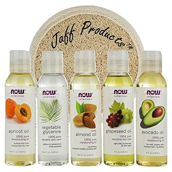 New Now Foods Solutions 5 Pack - Carrier Oil Gift Set: Almond Oil - Grapeseed Oil - Avocado Oil - Apricot Oil - Vegetable Glycerine Oil 100% Natural Moisturizing Massage 4 Oz - Free Loofah Sponge ...