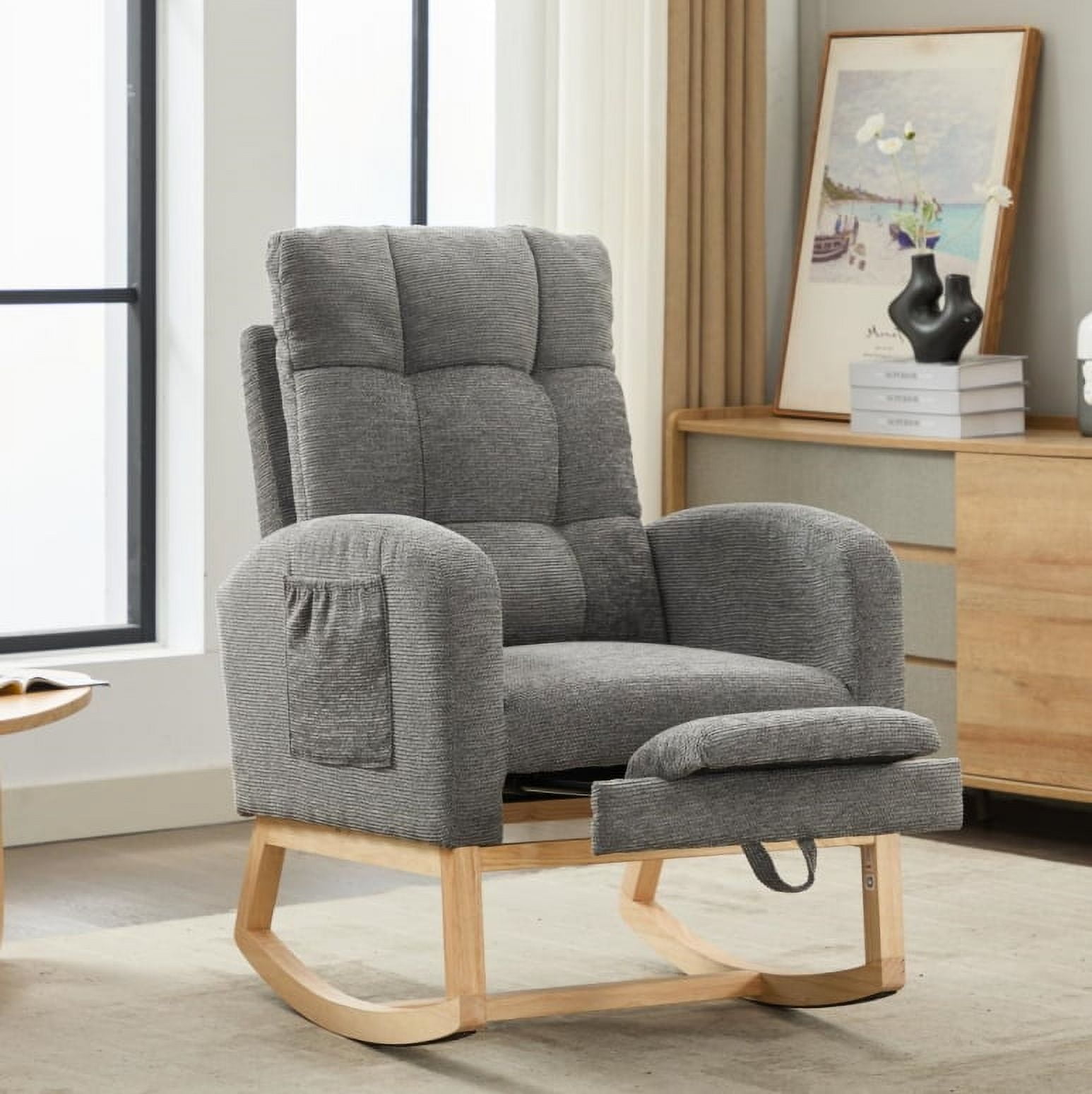 New Nursery Rocking Chair Upholstered Glider Rocker with PP Pillow & Rubber Wood Frame Modern Single Rocking Armchair for Bedroom, Living Room, Balcony, Offices