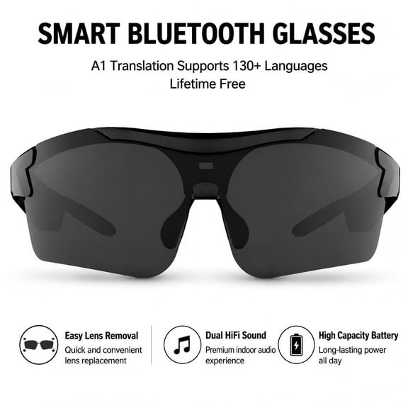 New Obsidian Smart Bluetooth Sunglasses with real-time translation supporting 130 languages, open-ear audio eyewear, ideal for cycling, driving, indoor activities and various outdoor sports.