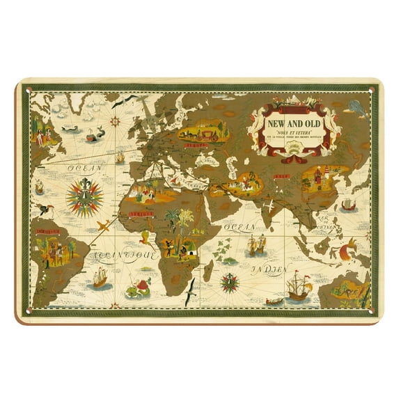 New and Old - Nova Et Vetera - World Route Map - Planisphere - Vintage Airline Travel Poster by Lucien Boucher c.1939 - 8 x 12 inch Vintage Wood Art Sign