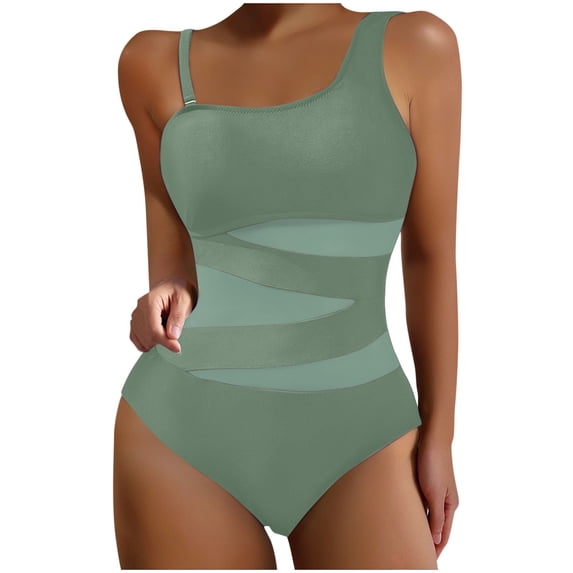 New One Piece Swimsuit Womens Tummy One Shoulder Bathing Suits for Women Full Cover Cutout Mesh Backless Swimwear Ladies One-Piece Bathing Suit Green M