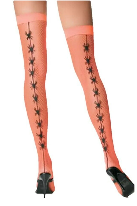 New Orange Fishnet Spider Charm Seamed Stockings WITCH HALLOWEEN ZOMBIE 9042 OS