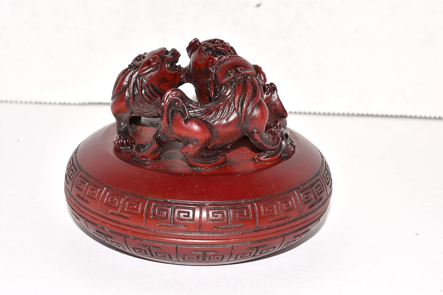 New Oriental Foo Dogs s Playing Ornate Mahagony Colored Cone Incense Holder Burner with Top