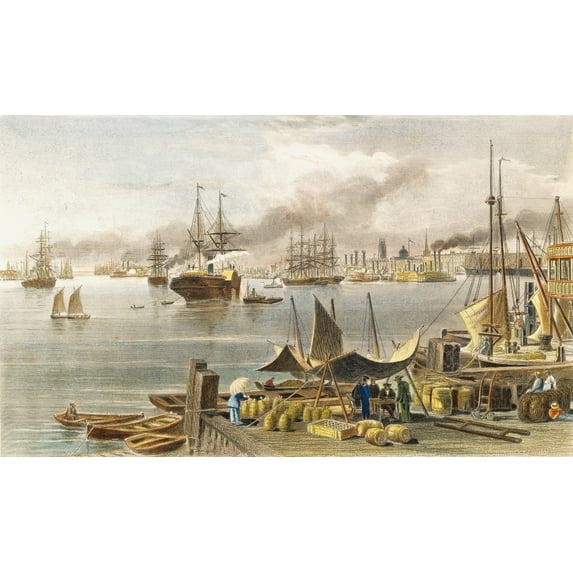 New Orleans 1873. Na Harbor Scene In New Orleans. Color Steel Engraving American 1873. Poster Print by