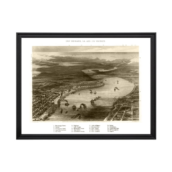 New Orleans Art, 1863 Vintage Map of New Orleans Louisiana, LA History Wall Decor Gift, Old New Orleans Map - 24" x 18" Black Framed Print