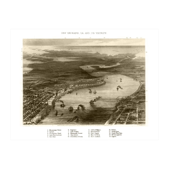 New Orleans Art, 1863 Vintage Map of New Orleans Louisiana, LA History Wall Decor Gift, Old New Orleans Map - 24" x 18" Unframed Print