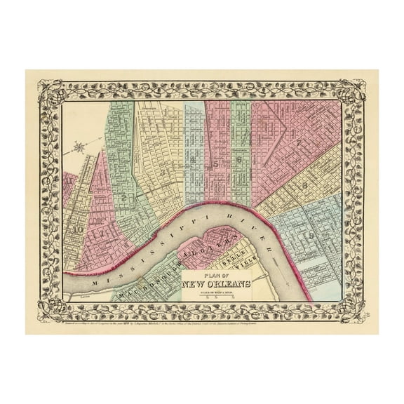 New Orleans Art, 1870 Vintage Map of New Orleans Louisiana, LA History Wall Decor Gift, Old New Orleans Map - 36" x 24" Unframed Print