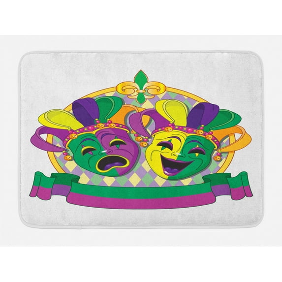 New Orleans Bath Mat, Traditional Mardi Gras Comedy and Tragedy Design with Rhombuses Pattern, Plush Bathroom Decor Mat with Non Slip Backing, 29.5" X 17.5", Multicolor, by Ambesonne
