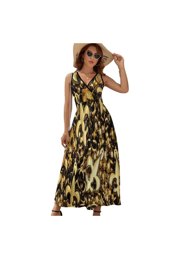 New Orleans Black And Gold Louisiana Fleur De Lis Beads Dress Fashion Boho Beach Long Dresses Female Party Printed Maxi Dress