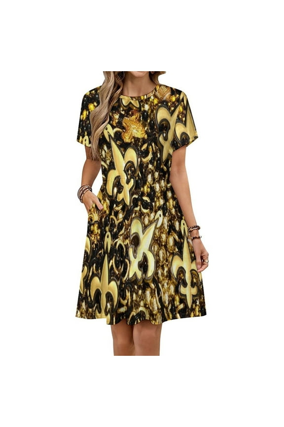 New Orleans Black And Gold Louisiana Fleur De Lis Beads Short Sleeve Dress Women Summer Evening Dresses Ladies Sundress