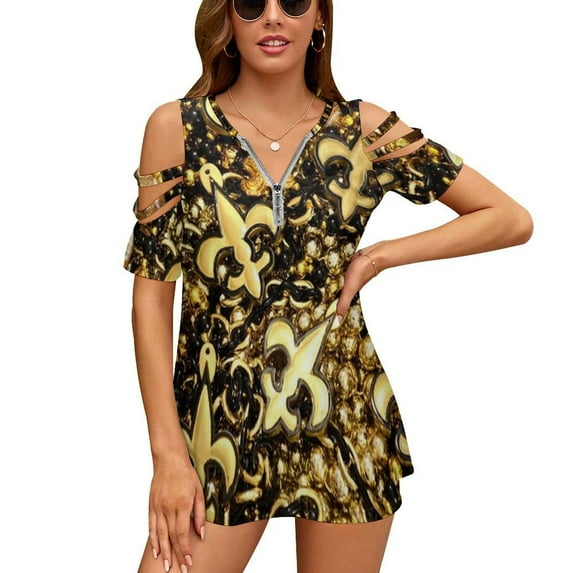 New Orleans Black And Gold Louisiana Fleur De Lis Beads Womens Summer V Neck Zipper Top Short Sleeve T Shirt Off Shoulder Top Casual Classy Loose Shirts