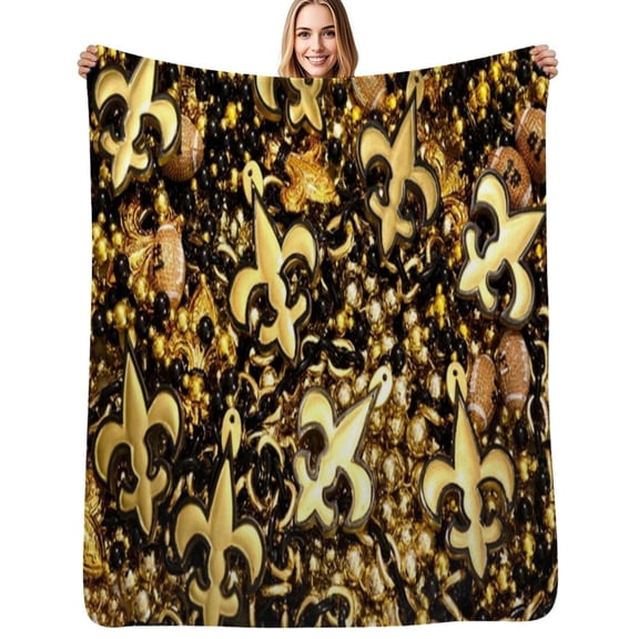 New Orleans Black and Gold Louisiana Fleur de Lis Beads Flannel Blanket Warm Soft Bedding Throws Winter Camping Chair Sofa Bed