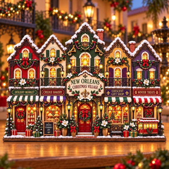 New Orleans Christmas Village Wooden Block, Three Layer Holiday Tabletop Display for Louisiana Homes