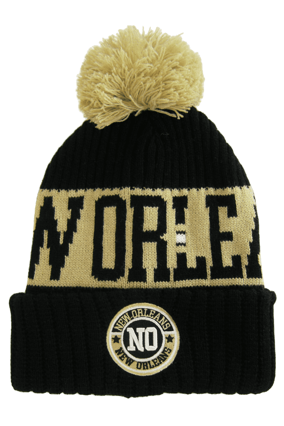 New Orleans City Name Three Stripe Circular Patch Pom Beanie Winter Hat (Black/Khaki)