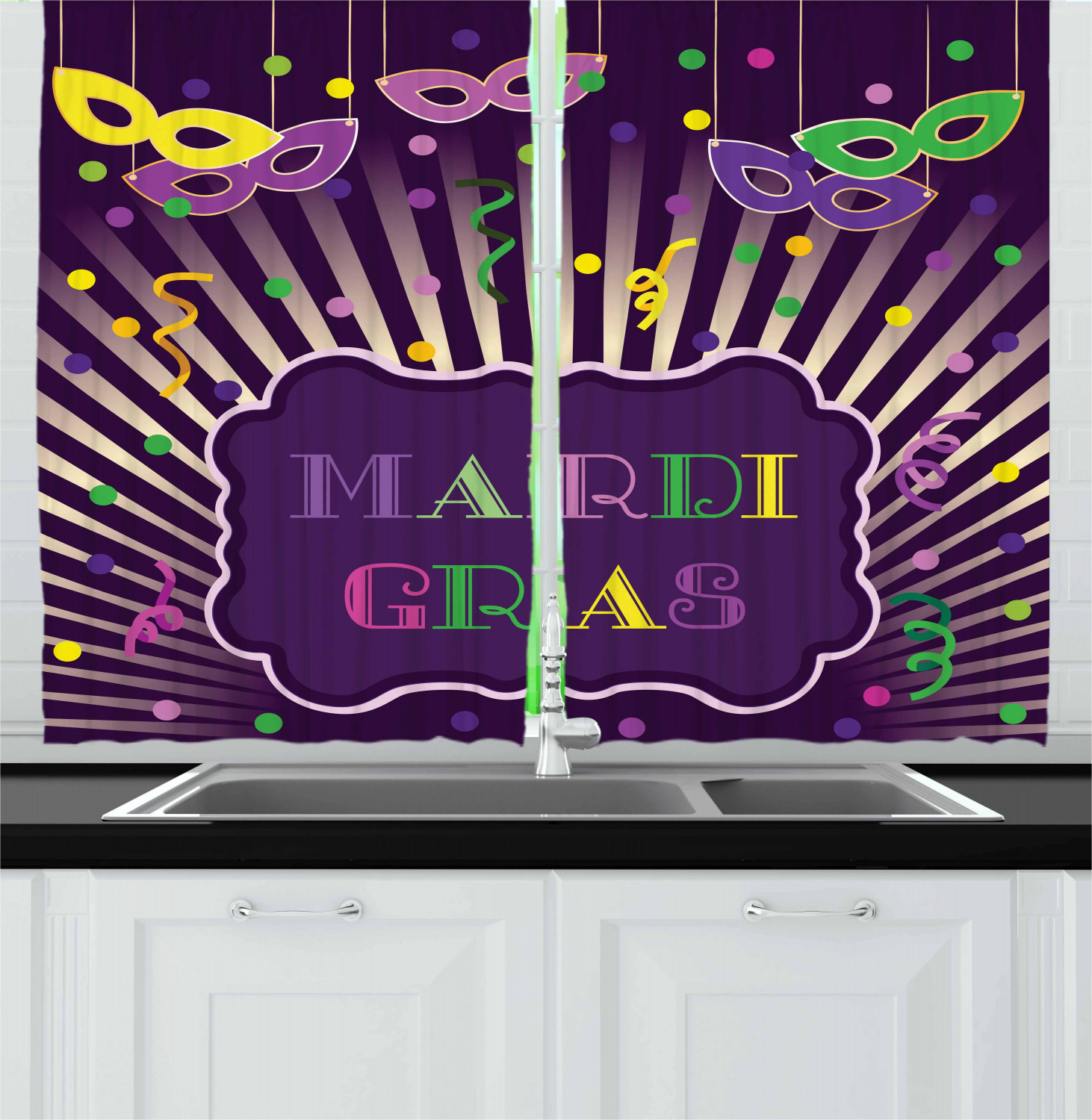 New Orleans Curtains 2 Panels Set, Freehand Drawing of Mardi Gras