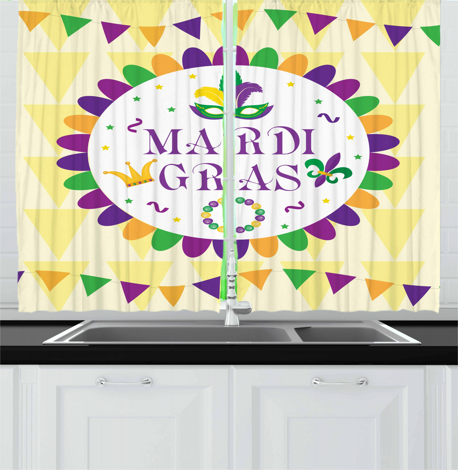 New Orleans Curtains 2 Panels Set, Mardi Gras Carnival Theme with