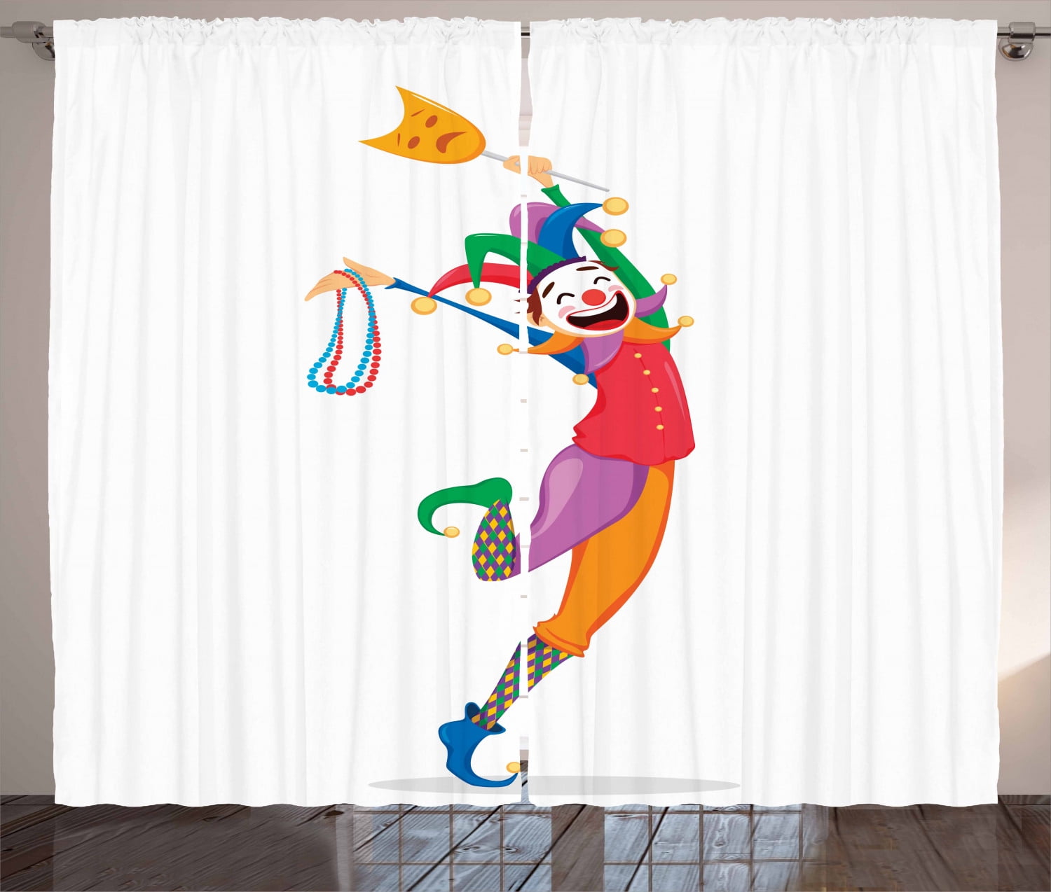 New Orleans Curtains 2 Panels Set, Mardi Gras Themed Jester Holding