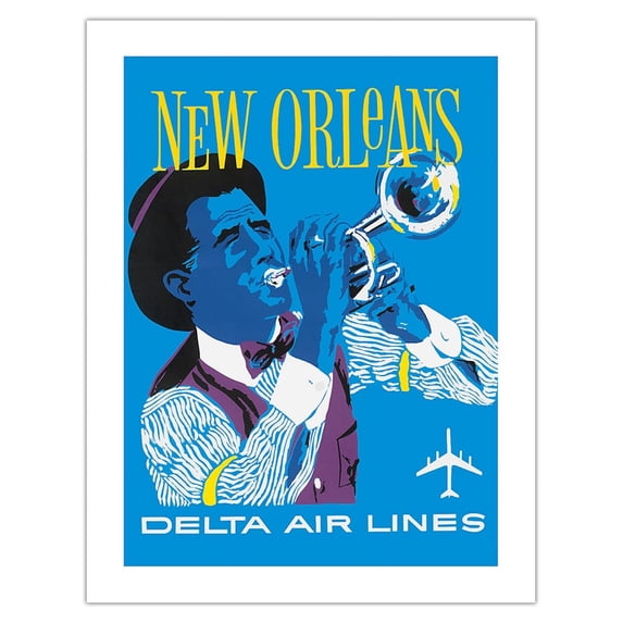 New Orleans - Delta Air Lines - Jazz Trumpet Player - Vintage Airline Travel Poster by John Hardy c.1960 - Bamboo Fine Art 290gsm Paper (Unframed) 17x22in