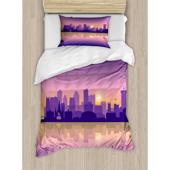 New Orleans Duvet Cover Set Twin Size, City Silhouette with Important Buildings in the Sunset Ombre Effect, Decorative 2 Piece Bedding Set with 1 Pillow Sham, Purple Yellow Violet, by Ambesonne