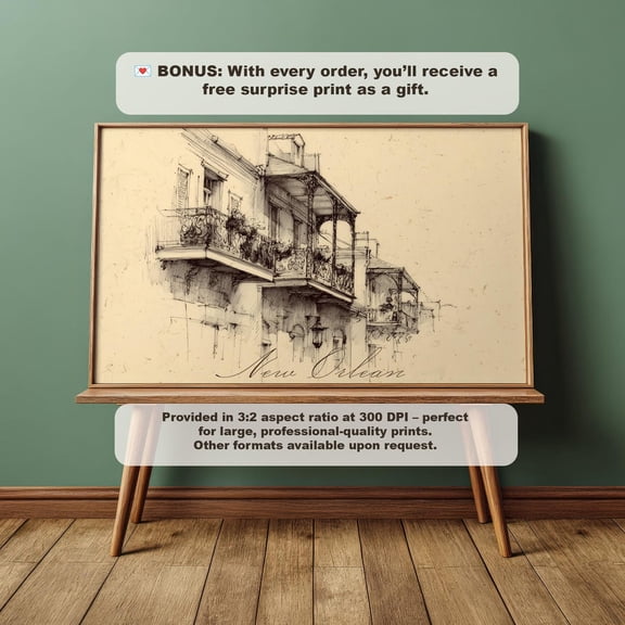 New Orleans French Quarter Balcony Sketch Art Print, Unframed Paper Poster 8x10in