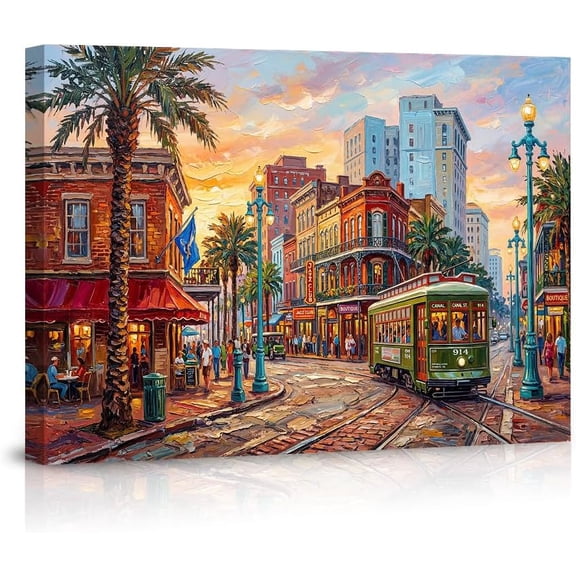 New Orleans French Quarter Canvas Artwork Colorful Streetcar Oil Painting Print Jazz Club Cityscape Poster Living Room Bedroom Home Decor Canal Street Wall Art