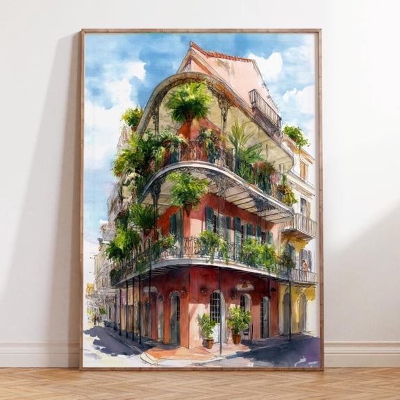 New Orleans French Quarter Corner Balcony Architecture Wall Art, Unframed Canvas Size 24x36