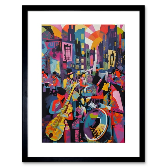 New Orleans Jazz Festival Street Musicians Playing Music City at Sunset Abstract Modern Painting Artwork Framed Wall Art Print 9X7 Inch