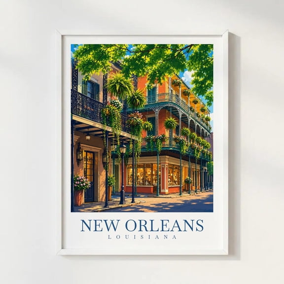 New Orleans Louisiana Historic City Wall Art Print, Illustrated Travel Home Decor
