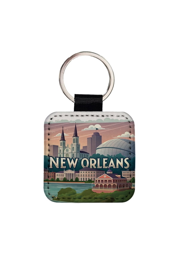 New Orleans, Louisiana LA Travel City State Stamp Faux Leather Square Keychain