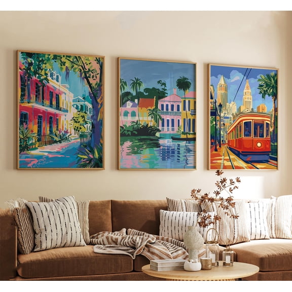 New Orleans Louisiana Poster City Travel Wall Art Usa French Quarter Jazz Skyline Prints Vintage Minimalist Style Set 3