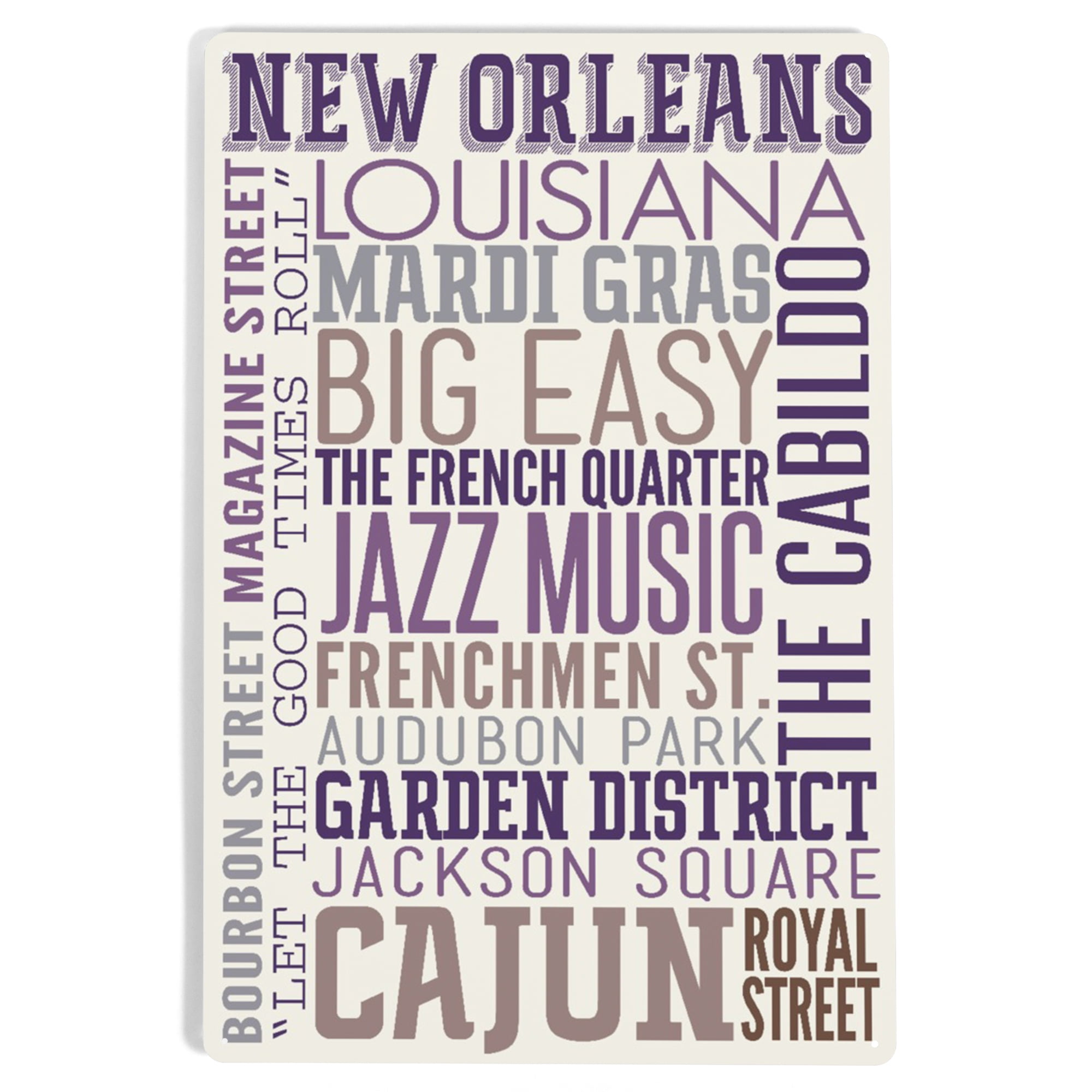 New Orleans, Louisiana, Typography (12x18 Aluminum Art, Indoor Outdoor