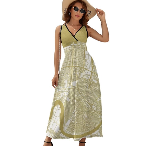 New Orleans Map Gold Dress Summer Street Style Bohemia Long Dresses Female Sleeveless Printed Maxi Dress