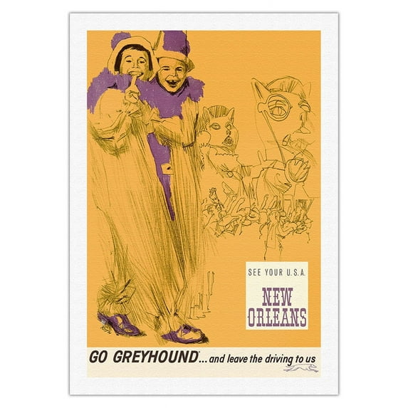 New Orleans - Mardi Gras - Go Greyhound... and Leave the Driving to Us (Greyhound Bus Lines) - Vintage Autobus Poster by George Roth c.1960s - Fine Art Rolled Canvas Print 27in x 40in