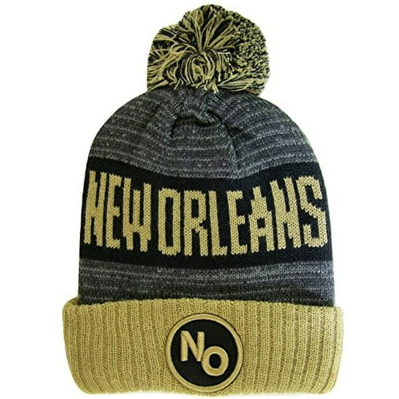 New Orleans NO Patch Ribbed Cuff Knit Winter Hat Pom Beanie (Khaki/Black Patch)