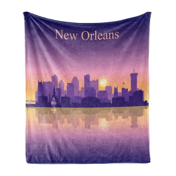 New Orleans Soft Flannel Fleece Blanket, City Silhouette with Important Buildings in the Sunset Ombre Effect, Cozy Plush for Indoor and Outdoor Use, 60" x 80", Purple Yellow Violet, by Ambesonne