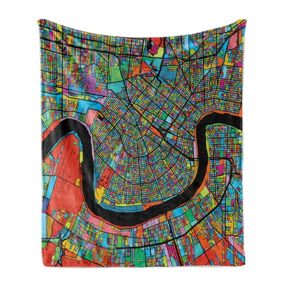 New Orleans Soft Flannel Fleece Blanket, Colorful Map of City with Mississippi River Districts and Highways New Orleans, Cozy Plush for Indoor and Outdoor Use, 50" x 60", Multicolor, by Ambesonne