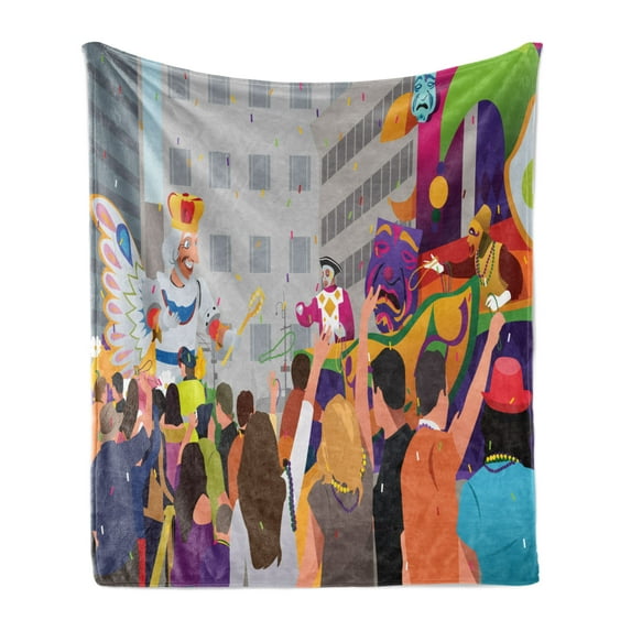 New Orleans Soft Flannel Fleece Blanket, People in Mardi Gras Festival Cartoon Style Fat Tuesday Carnival with a Parade, Cozy Plush for Indoor and Outdoor Use, 50" x 60", Multicolor, by Ambesonne