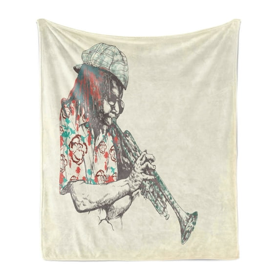 New Orleans Soft Flannel Fleece Blanket, Trumpet Player Hand Drawn Illustration of a Musician People of Color, Cozy Plush for Indoor and Outdoor Use, 60" x 80", Cream Vermilion Teal, by Ambesonne