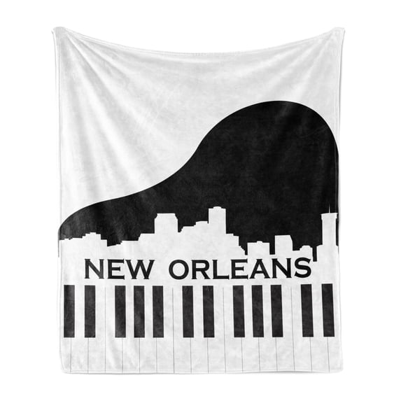 New Orleans Soft Flannel Fleece Throw Blanket, City Silhouette on a Piano Jazz Capital of the United States of America, Cozy Plush for Indoor and Outdoor Use, 70" x 90", Black and White, by Ambesonne