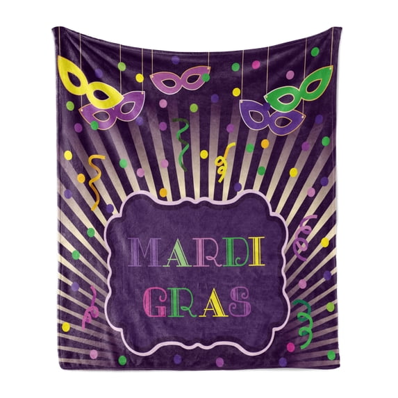 New Orleans Soft Flannel Fleece Throw Blanket, Freehand Drawing of Mardi Gras Themed Cartoon with Colorful Dots and Stripes, Cozy Plush for Indoor and Outdoor Use, 50" x 70", Multicolor, by Ambesonne